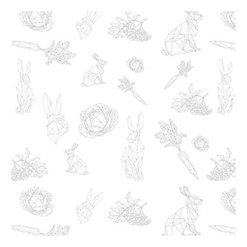 simple line vector polygone art of pattern with rabbit carrot cabbige and Rowan berries
