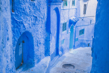 Blue town in Morocco, Chefchaouen. Architecture in old medina. Famous blue city in north africa. 