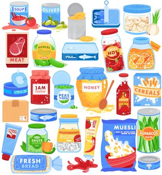 Food can packaging vector illustration set. Cartoon flat canned food product collection with juice fruit jam jar, cereal muesli packet, meat or fish tin preserves, tomato ketchup isolated on white