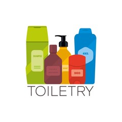 Toiletries flat vector illustration. Personal care and hygiene products, such as shampoo, moisturizer, deodorant, shover gel. Basic wash bag.