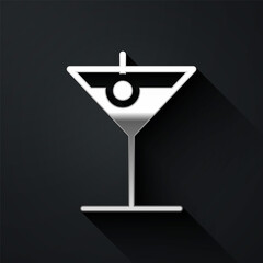 Silver Martini glass icon isolated on black background. Cocktail icon. Wine glass icon. Long shadow style. Vector Illustration.