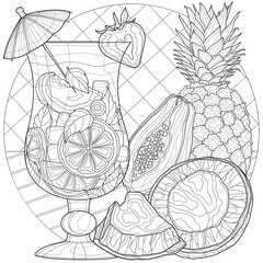 Fruit cocktail. Coconut, pineapple, papaya.Sweets.Coloring book antistress for children and adults. Black and white drawing.