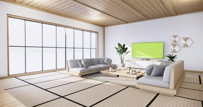 Sofa on empty room japanese design on tatami mat floor,3D rendering