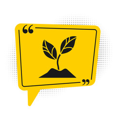 Black Plant icon isolated on white background. Seed and seedling. Leaves sign. Leaf nature. Yellow speech bubble symbol. Vector Illustration.
