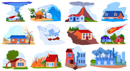 Nature disaster accident vector illustration set. Cartoon flat natural storm hurricane tornado tsunami volcano fire destroy house buildings, environment disaster catastrophe isolated on white