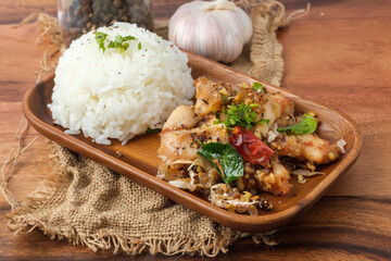 Fried chicken with garlic and pepper with rice. Thai Dish.