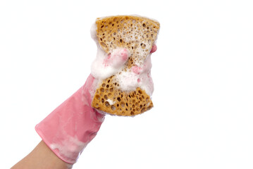 Hand in a pink rubber glove squeezes a brown sponge white foam on a white background
