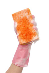 Hand in pink glove soap foam red sponge white background