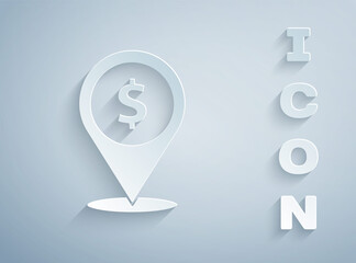 Paper cut Cash location pin icon isolated on grey background. Pointer and dollar symbol. Money location. Business and investment concept. Paper art style. Vector Illustration.