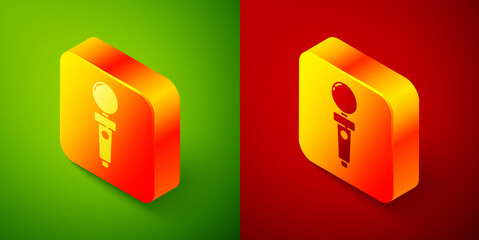 Isometric Joystick for arcade machine icon isolated on green and red background. Joystick gamepad. Square button. Vector Illustration.