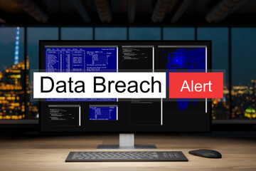 computer workstation in dark night office with skyline view warning data breach, 3D Illustration