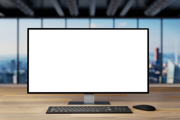 large computer workstation on blank wooden office desk and skyline view, 3D Illustration