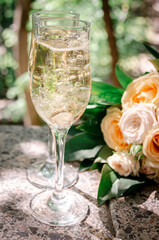 wedding rings and champagne