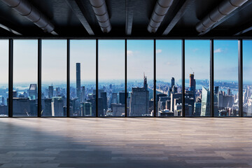 Front view modern empty office with panoramic skyline view bright daylight - 3D Illustration