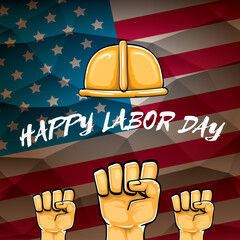 Happy labor day usa vector poster with strong orange fist isolated on usa flag background. vector happy american labor day background or greeting card with man hand.