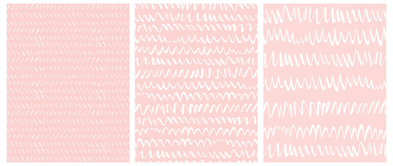 Fototapeta premium Abstract Hand Drawn Childish Style Vector Pattern Set. White Waves and Wavy Lines Isolated on a Various Pink Backgrounds. Modern Geometric Seamless Pattern. Irregular Freehand Print.