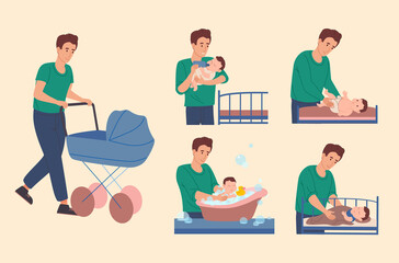 Dad takes care of the baby: he walk with a child, changes the diaper for the baby, bathes him in the bath, feeds him from the bottle and puts him in bed. Father spends time with his son. Vector.