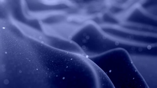 Stylish festive black bg. Fantastical abstract looped background, waves move on glossy surface like landscape made of liquid blue wax with sparkles. Beautiful soft background with smooth animation 4k