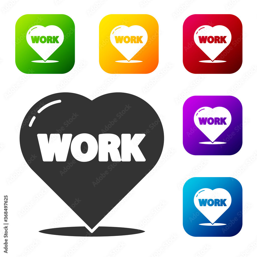 Poster black heart with text work icon isolated on white background. set icons in color square buttons. vec