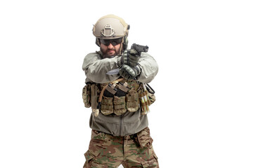 soldier in military equipment with a gun on a white background, a commando in uniform with a gun to aim and attack