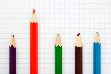 sharp  red  pencil and colored blunt pencils on a writing-book leaf