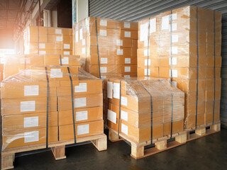 Stacked of shipment boxes at warehouse storage. package box, packaging. Manufacturing warehouse stock cargo shipping goods. Logistics and transportation.