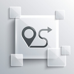 Grey Route location icon isolated on grey background. Map pointer sign. Concept of path or road. GPS navigator. Square glass panels. Vector Illustration.