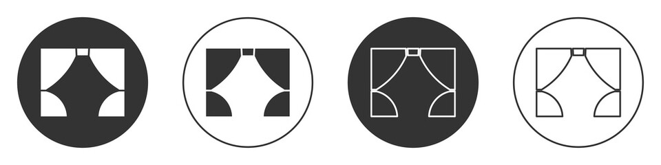 Black Curtain icon isolated on white background. For theater or opera scene backdrop, concert grand opening or cinema premiere. Circle button. Vector Illustration.