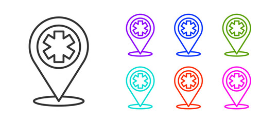 Black line Medical map pointer with cross hospital icon isolated on white background. Set icons colorful. Vector Illustration.