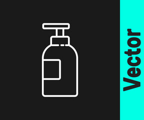 White line Hand sanitizer bottle icon isolated on black background. Disinfection concept. Washing gel. Alcohol bottle for hygiene. Vector Illustration.