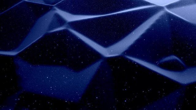 Stylish festive black bg. Fantastical abstract looped background, waves move on glossy surface like landscape made of liquid blue wax with sparkles. Beautiful soft background with smooth animation 4k