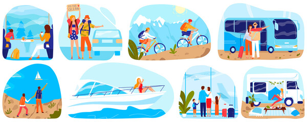 Obraz premium People travel, tourism vector illustration set. Cartoon flat man woman tourist characters traveling by ship airplane train or car bus, cycling in nature, family traveler adventure isolated on white