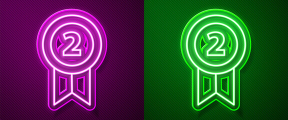 Glowing neon line Medal icon isolated on purple and green background. Winner achievement sign. Award medal. Vector Illustration.