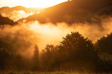 Magic foggy sunset in transylvaninan mountains.