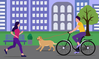 Obraz na płótnie Canvas Running woman and man on a bike on a walk with a dog in a city park. Sports in the city. Healthy lifestyle concept