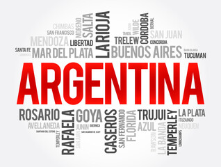 List of cities and towns in Argentina, word cloud collage, business and travel concept background