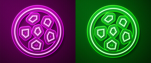 Glowing neon line Cookie or biscuit with chocolate icon isolated on purple and green background. Vector Illustration.