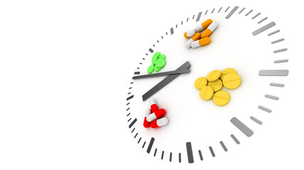 Clock pills. Pill tablet clock. Pill time. Medication Schedule. White background. 3D. 3D rendering