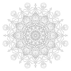Outline round Mandala ornament isolated on white background. Circular oriental pattern for tattoo, wedding decoration, henna mehndi, coloring book page, print, anti-stress therapy, yoga. Vector image
