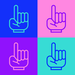 Pop art line Number 1 one fan hand glove with finger raised icon isolated on color background. Symbol of team support in competitions. Vector Illustration.