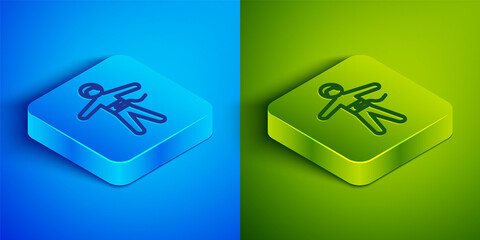 Isometric line Bungee jumping icon isolated on blue and green background. Square button. Vector Illustration.