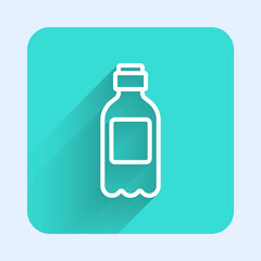 White line Bottle of water icon isolated with long shadow. Soda aqua drink sign. Green square button. Vector Illustration.
