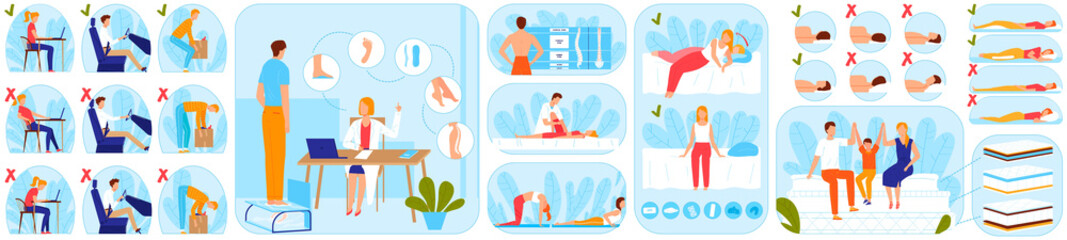 Spine back health care vector illustrations. Cartoon flat people patients on manual therapy medic spinal massage physio procedure, healthy orthopedic mattress, physiotherapy medicine isolated on white