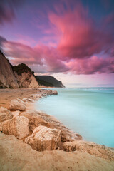 Sunset at Numana Alta beach, Riviera Conero, Ancona, Adriatic. Marche.
