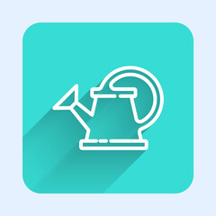 White line Watering can icon isolated with long shadow. Irrigation symbol. Green square button. Vector Illustration.