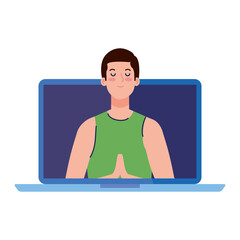 meditation online, meditating man on white background
