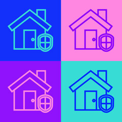 Pop art line House under protection icon isolated on color background. Home and shield. Protection, safety, security, protect, defense concept. Vector Illustration.