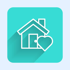 White line House with heart shape icon isolated with long shadow. Love home symbol. Family, real estate and realty. Green square button. Vector Illustration.