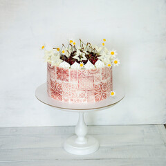 Burgundy stencil cake with roses for 30th anniversary