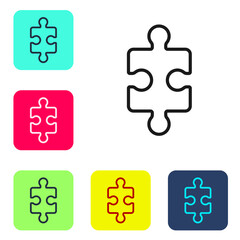 Black line Piece of puzzle icon isolated on white background. Business, marketing, finance, layout, infographics, internet concept. Set icons in color square buttons. Vector Illustration.